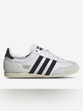 adidas Japan Sneaker in White with Black Stripes and Gold Accents